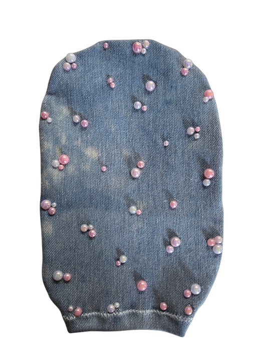 CUSTOMIZED STRETCH DENIM ADULT AND PEDIATRIC OSTOMY BAG COVER WITH PEARL DESIGN
