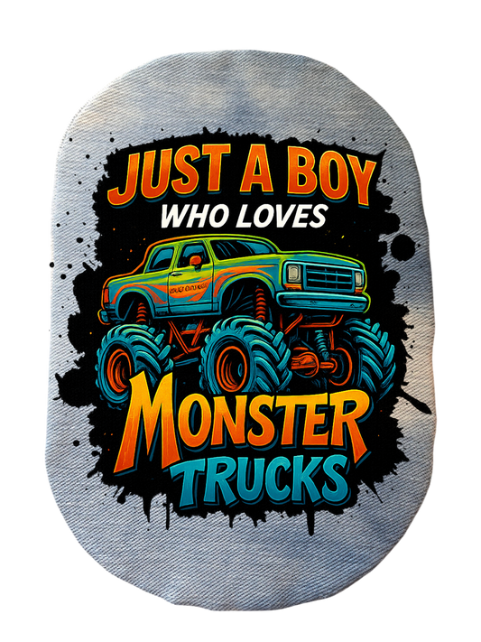 CUSTOMIZED STRETCH DENIM ADULT AND PEDIATRIC JUST A BOY WHO LOVES MONSTER TRUCKS OSTOMY BAG COVER